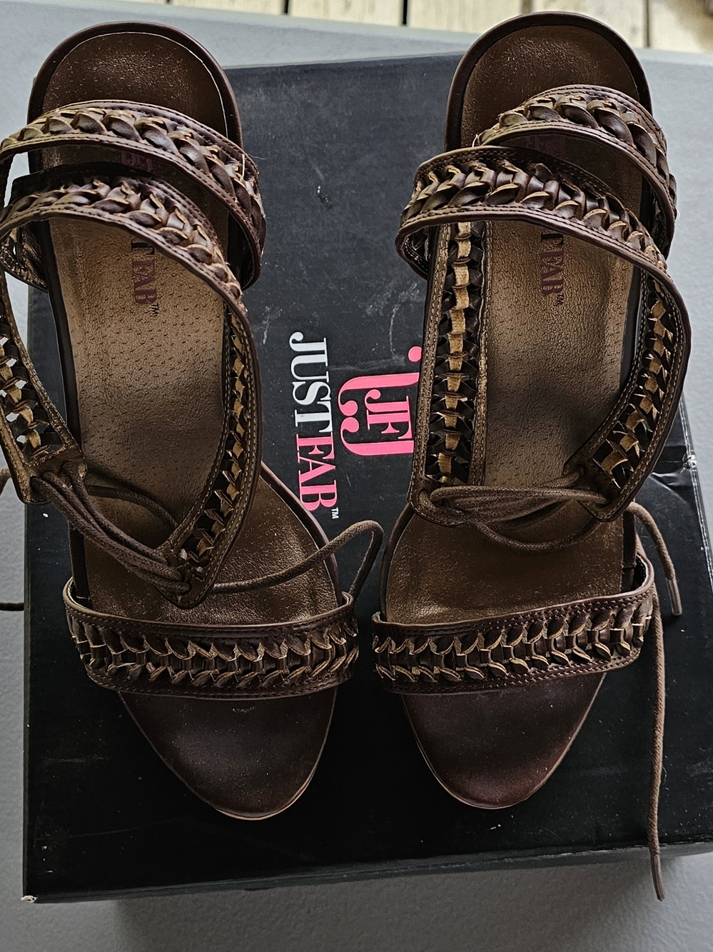 JustFab Brown Braided Leather Heeled Sandals